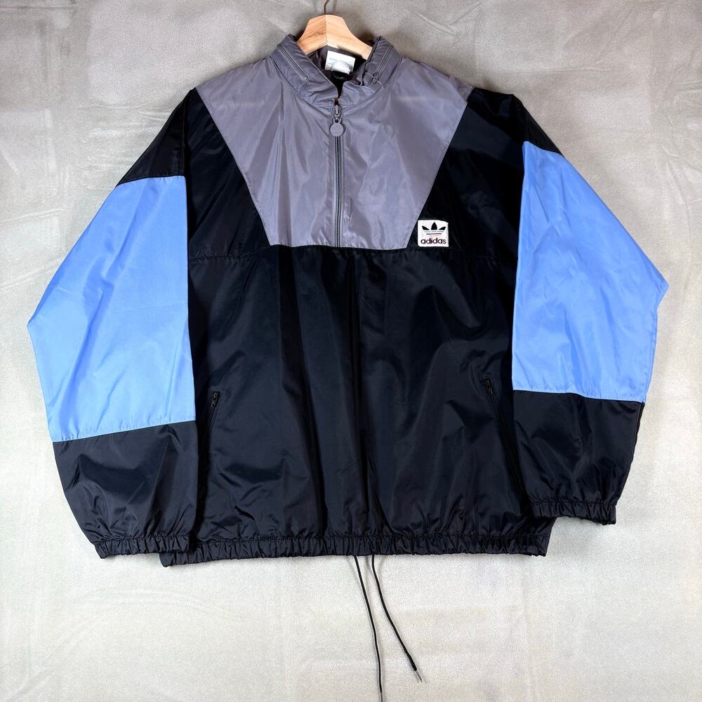 Vintage Adidas Trefoil Windbreaker Jacket Mens L Black Blue Gray Nylon 80s